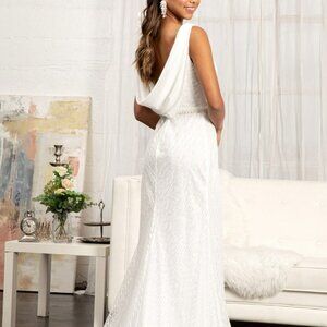 NEW IVORY Embroidered Sequin Embellished Mermaid Dress Chiffon Drape Cap gl3008